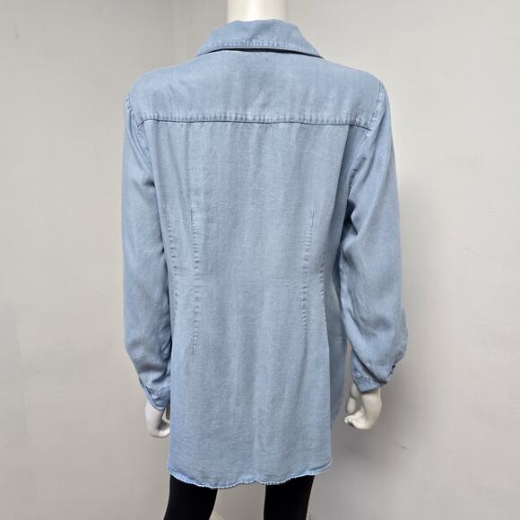 Soft Surroundings L Chambray Top Shirt Asymmetrical Hem Wrap Roll Tab Long Slv - Picture 3 of 7